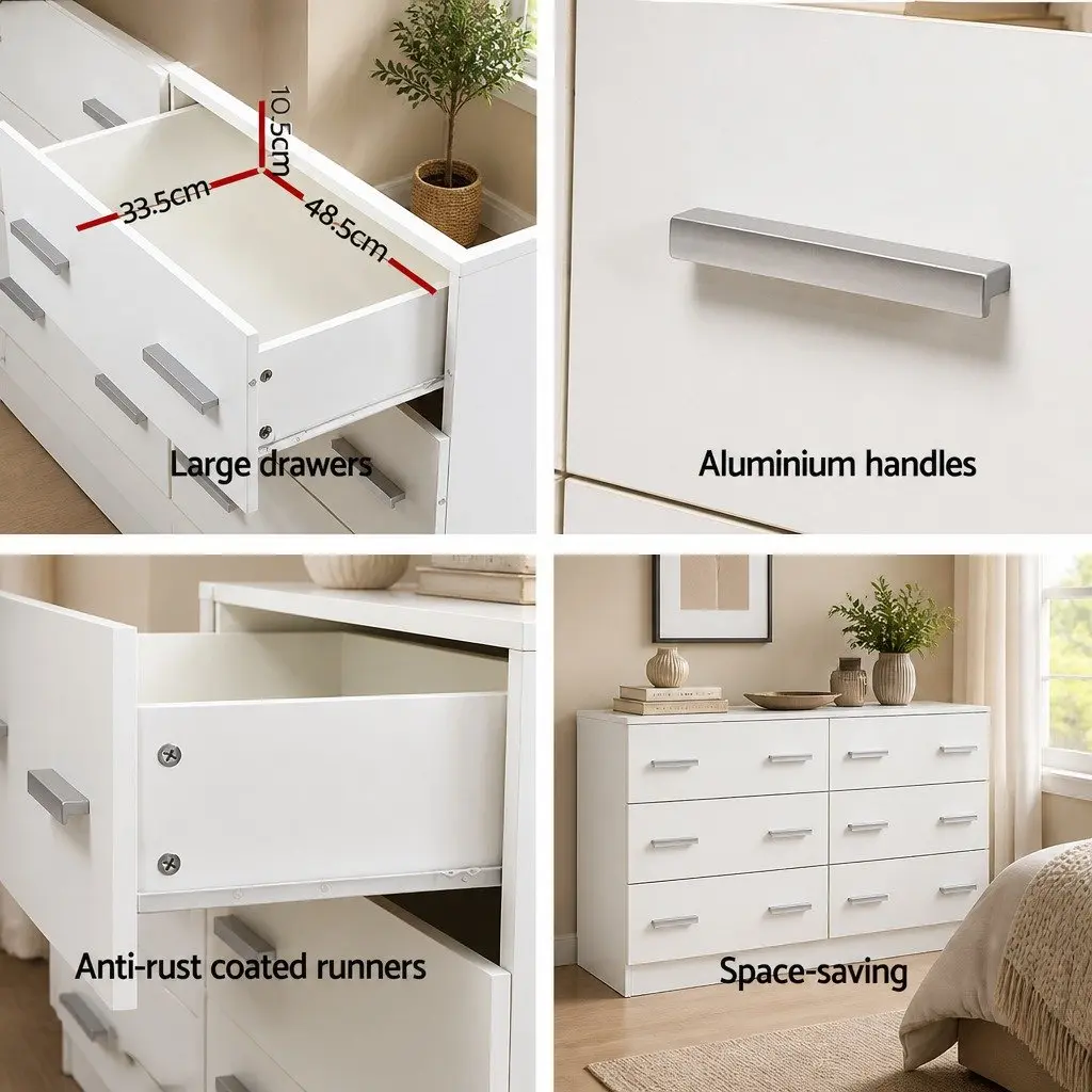 6 Drawer Chest of Drawers White Storage Cabinet Lowboy Dresser Furniture