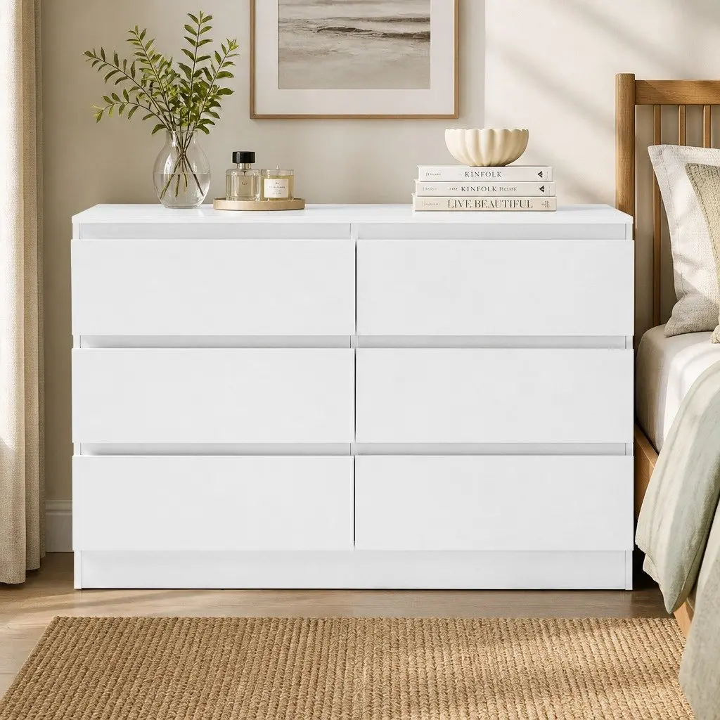 6 Drawer Chest of Drawers White Bedroom Storage Dresser Lowboy Organiser Unit