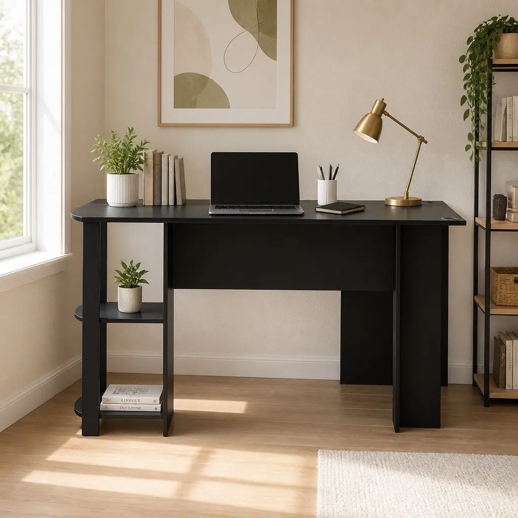 L-Shape Computer Desk 136cm Black Open Shelves Cable Management Home Office