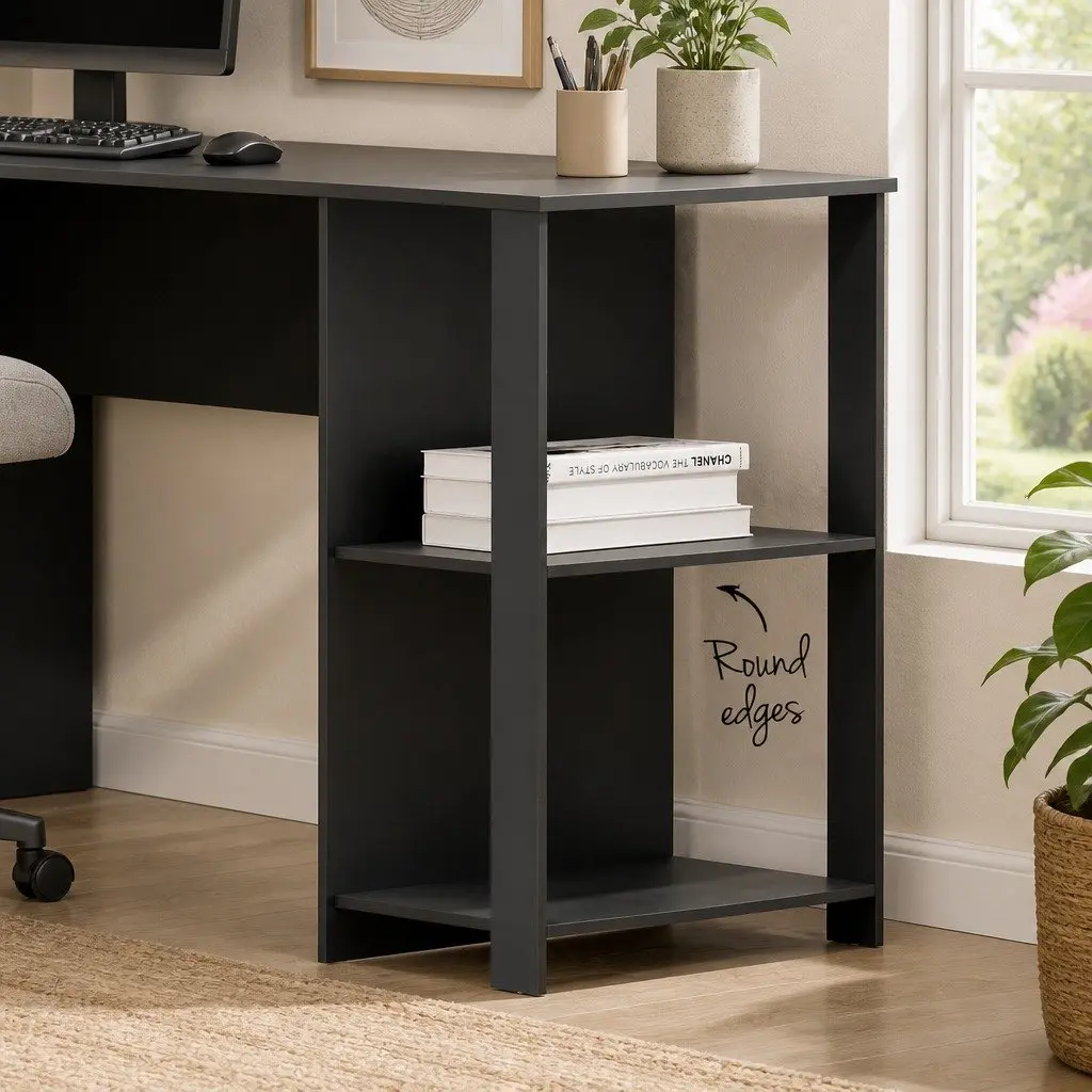 L-Shape Computer Desk 136cm Black Open Shelves Cable Management Home Office