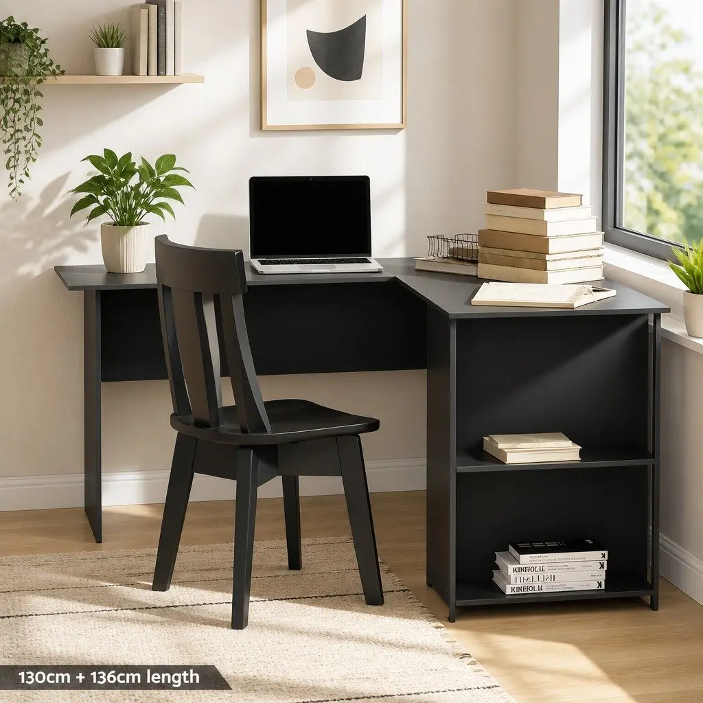 L-Shape Computer Desk 136cm Black Open Shelves Cable Management Home Office