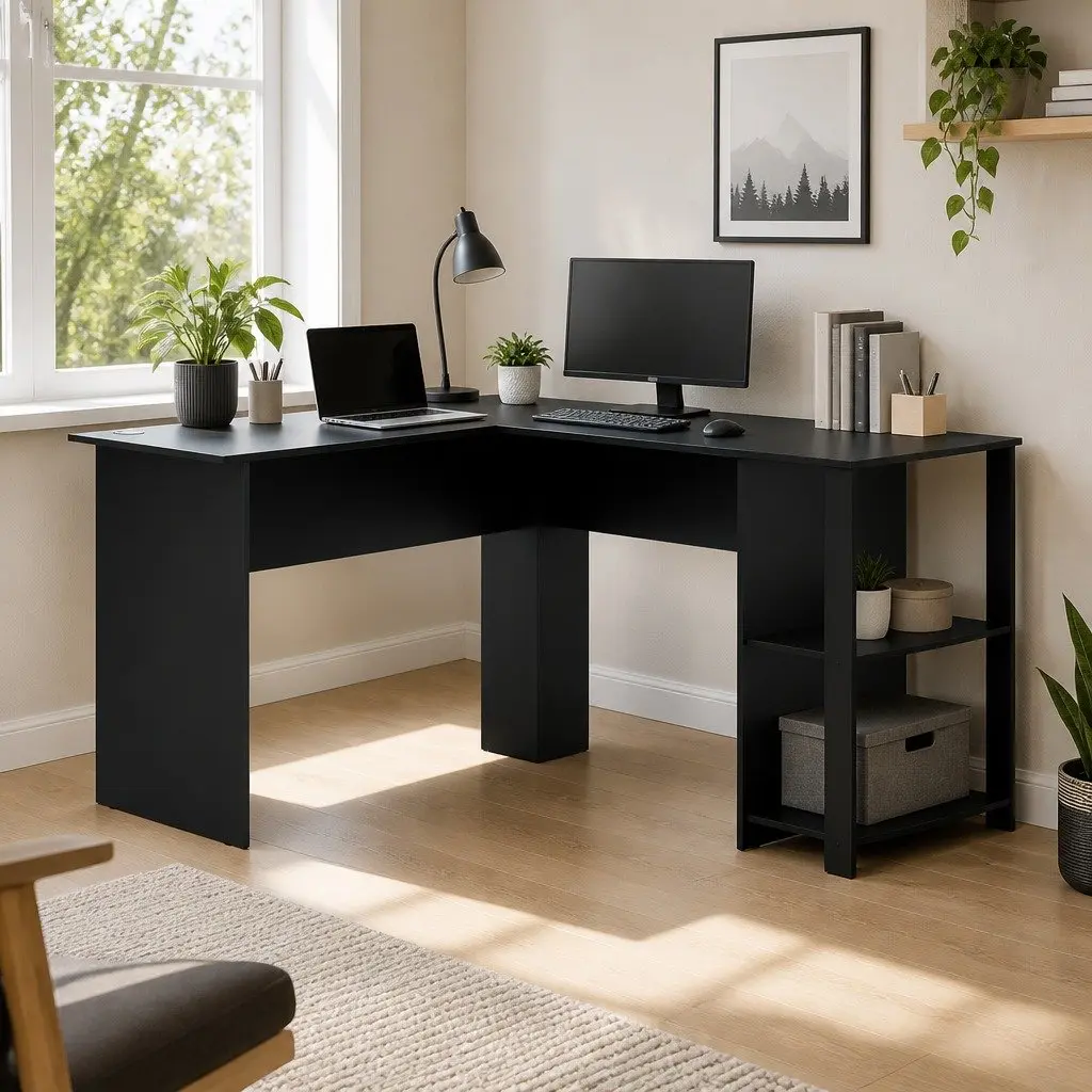 L-Shape Computer Desk 136cm Black Open Shelves Cable Management Home Office