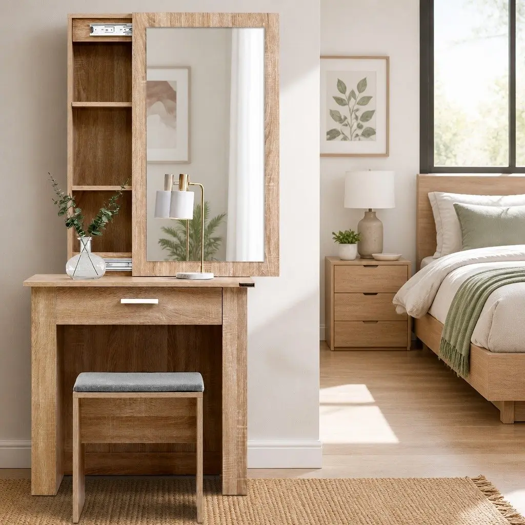 Dressing Table Stool Set Wood Large Sliding Mirror Hidden Storage
