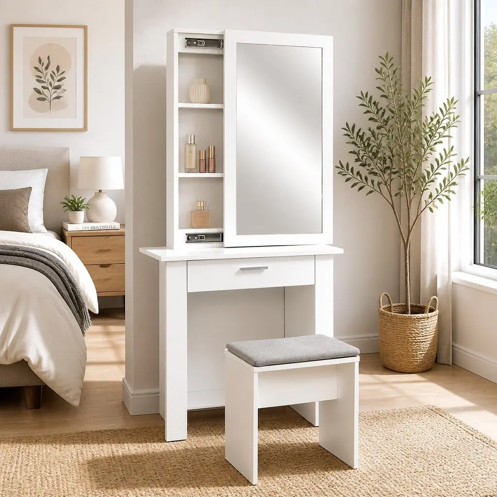 Dressing Table Set White Large Sliding Mirror Hidden Storage Drawer Padded Stool