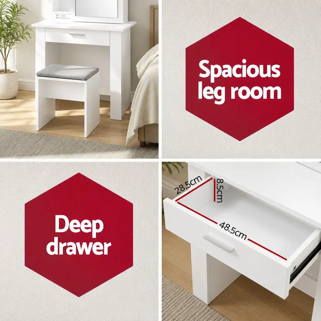 Dressing Table Set White Large Sliding Mirror Hidden Storage Drawer Padded Stool