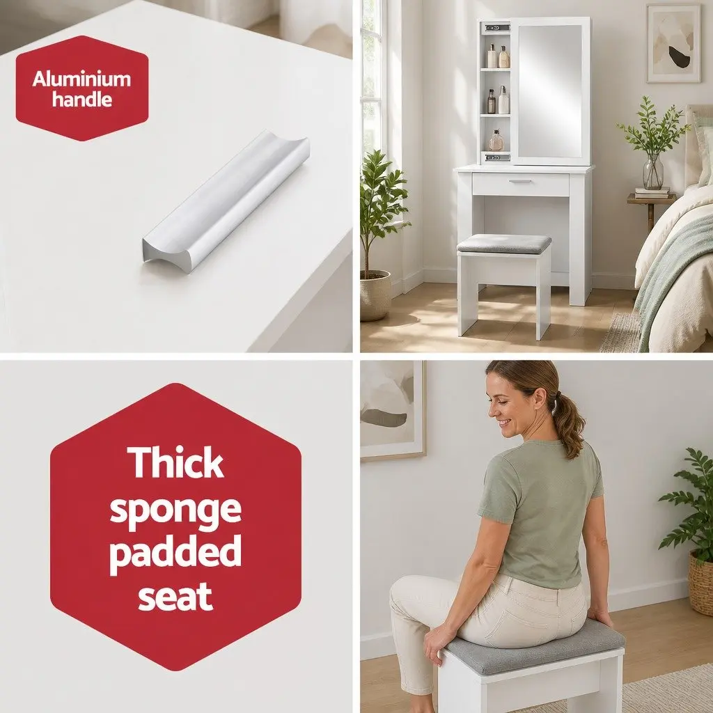 Dressing Table Set White Large Sliding Mirror Hidden Storage Drawer Padded Stool