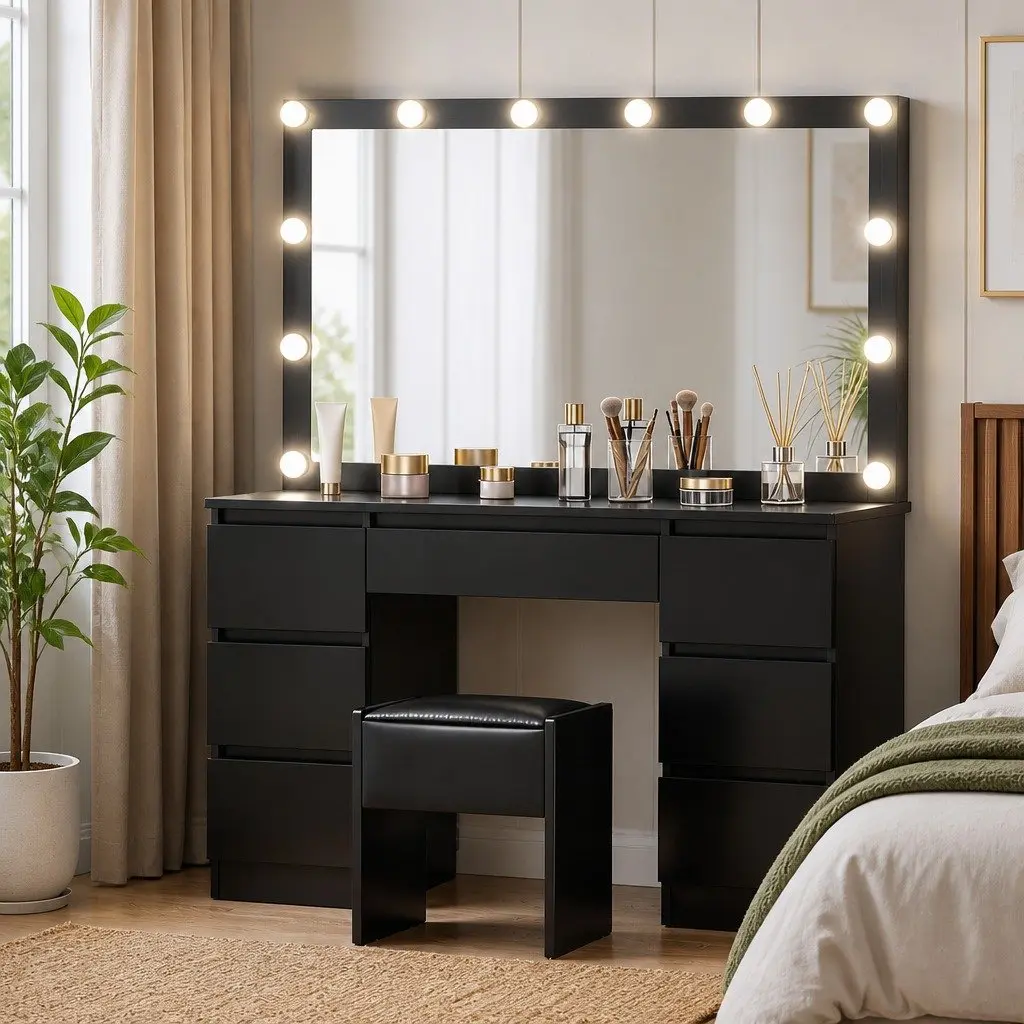 Dressing Table Vanity Desk Set Black with LED Bulbs Large Mirror Foam Padded Stool 7 Drawers USB Powered