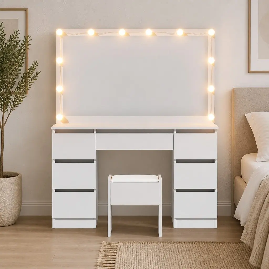 Dressing Table Vanity Desk Set White with 12 LED Bulbs Adjustable Brightness and Large Makeup Mirror