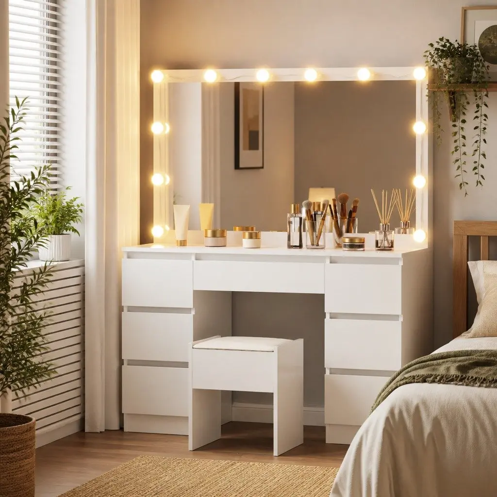 Dressing Table Vanity Desk Set White with 12 LED Bulbs Adjustable Brightness and Large Makeup Mirror