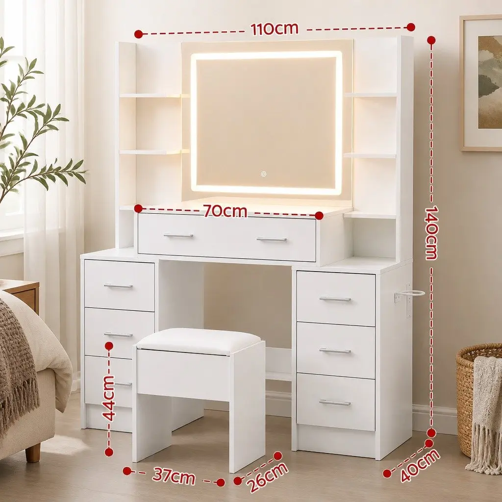 Dressing Table Vanity Desk Set White with LED Mirror Charging Station and Padded Stool