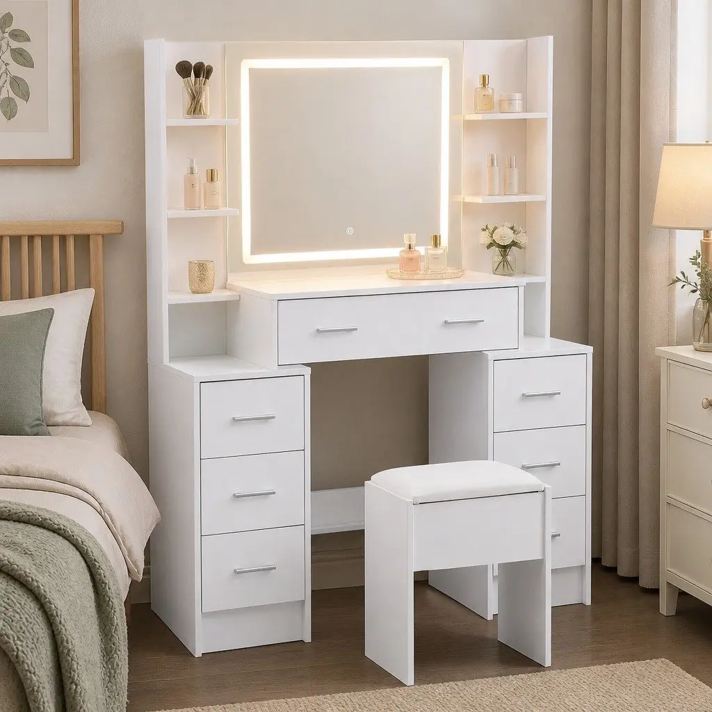 Dressing Table Vanity Desk Set White with LED Mirror Charging Station and Padded Stool