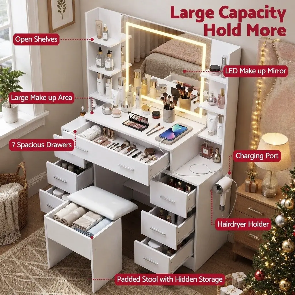 Dressing Table Vanity Desk Set White with LED Mirror Charging Station and Padded Stool