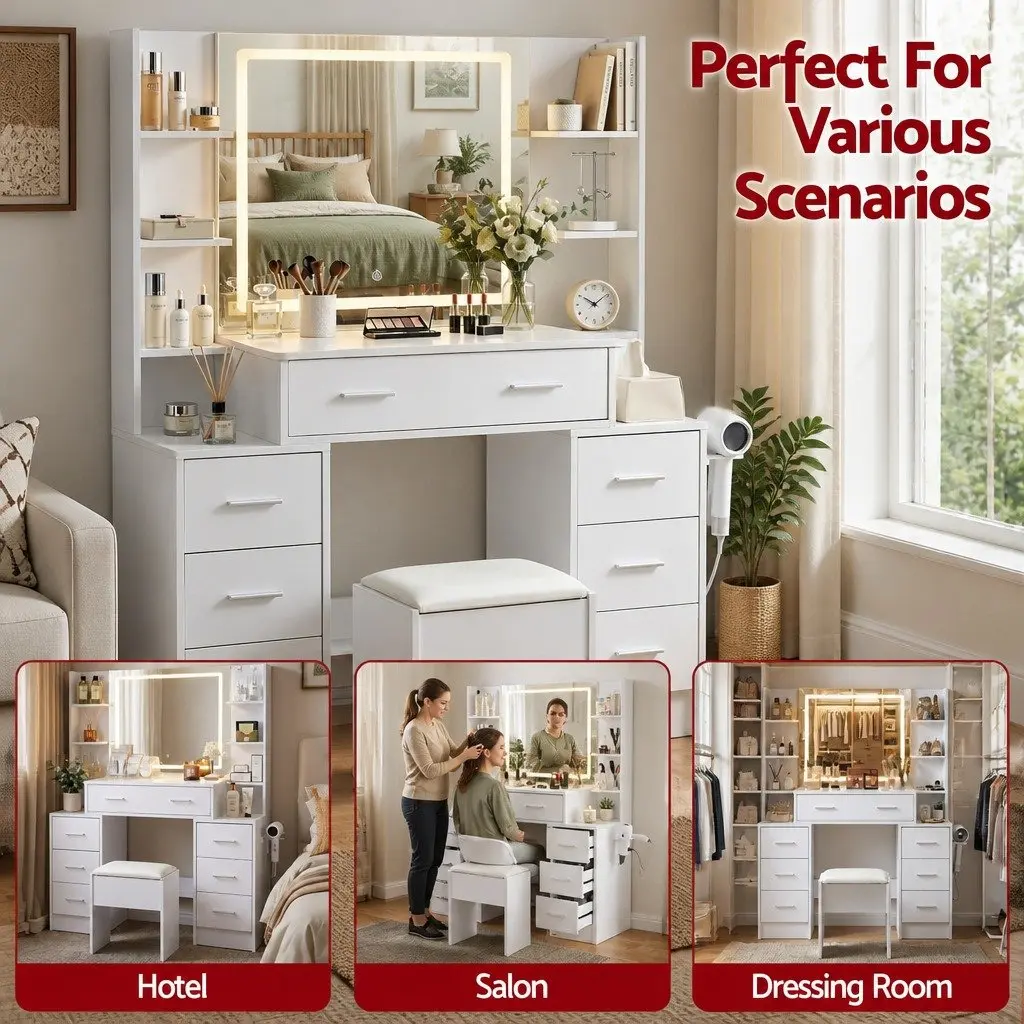 Dressing Table Vanity Desk Set White with LED Mirror Charging Station and Padded Stool