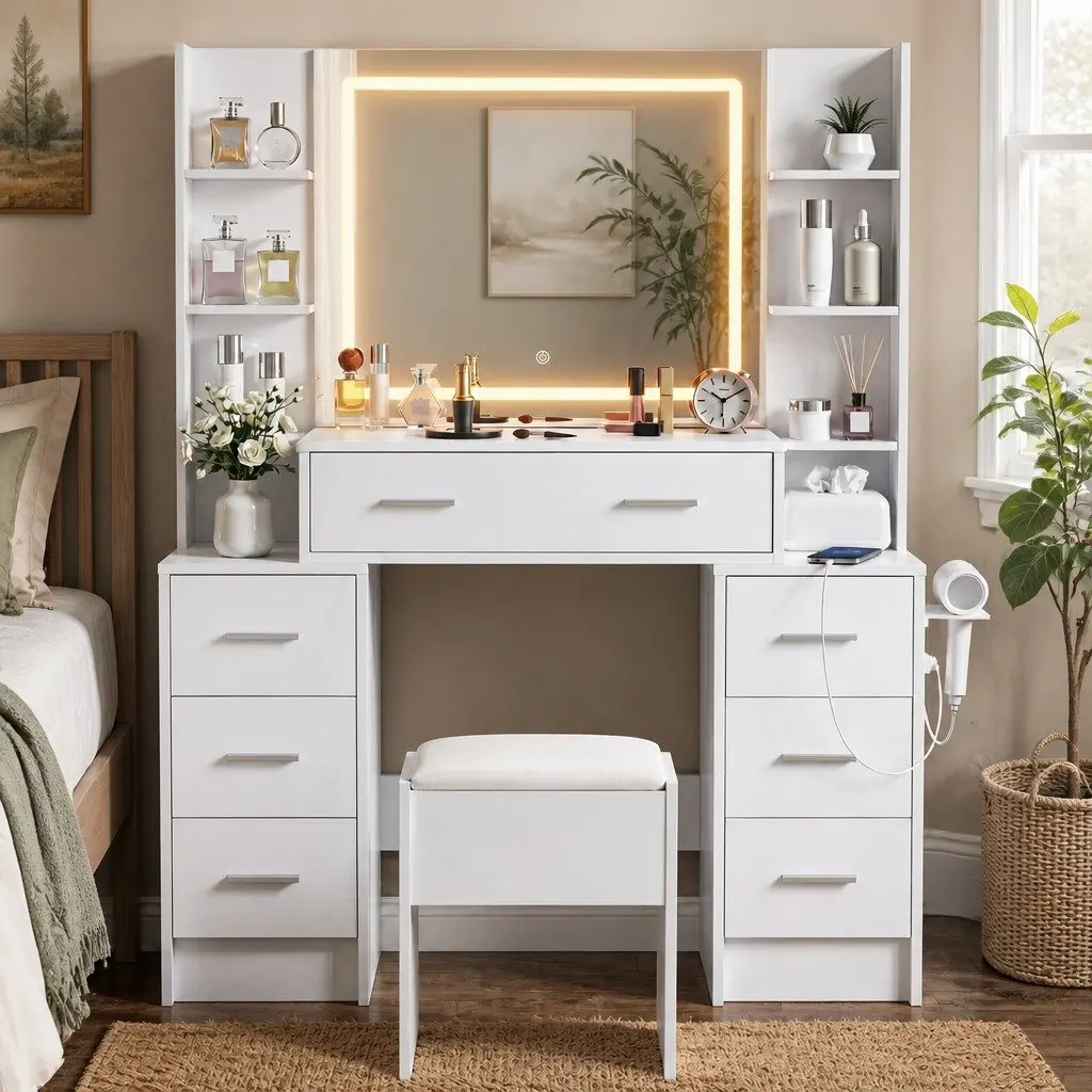 Dressing Table Vanity Desk Set White with LED Mirror Charging Station and Padded Stool