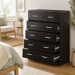 6 Drawer Chest Tallboy Bedroom Storage Cabinet Walnut Contemporary Design