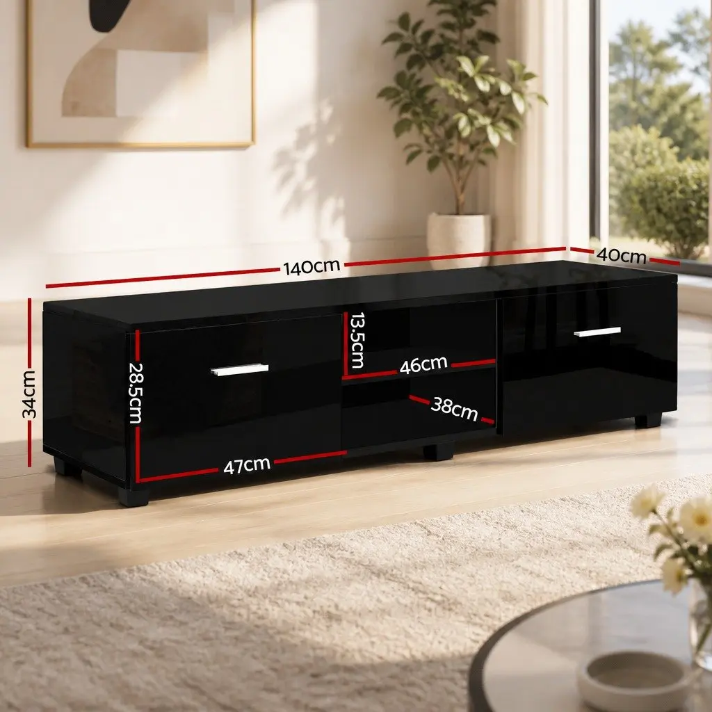 Entertainment Unit 140cm Black UV High-Gloss Storage with Two Drawers and Two Open Shelves