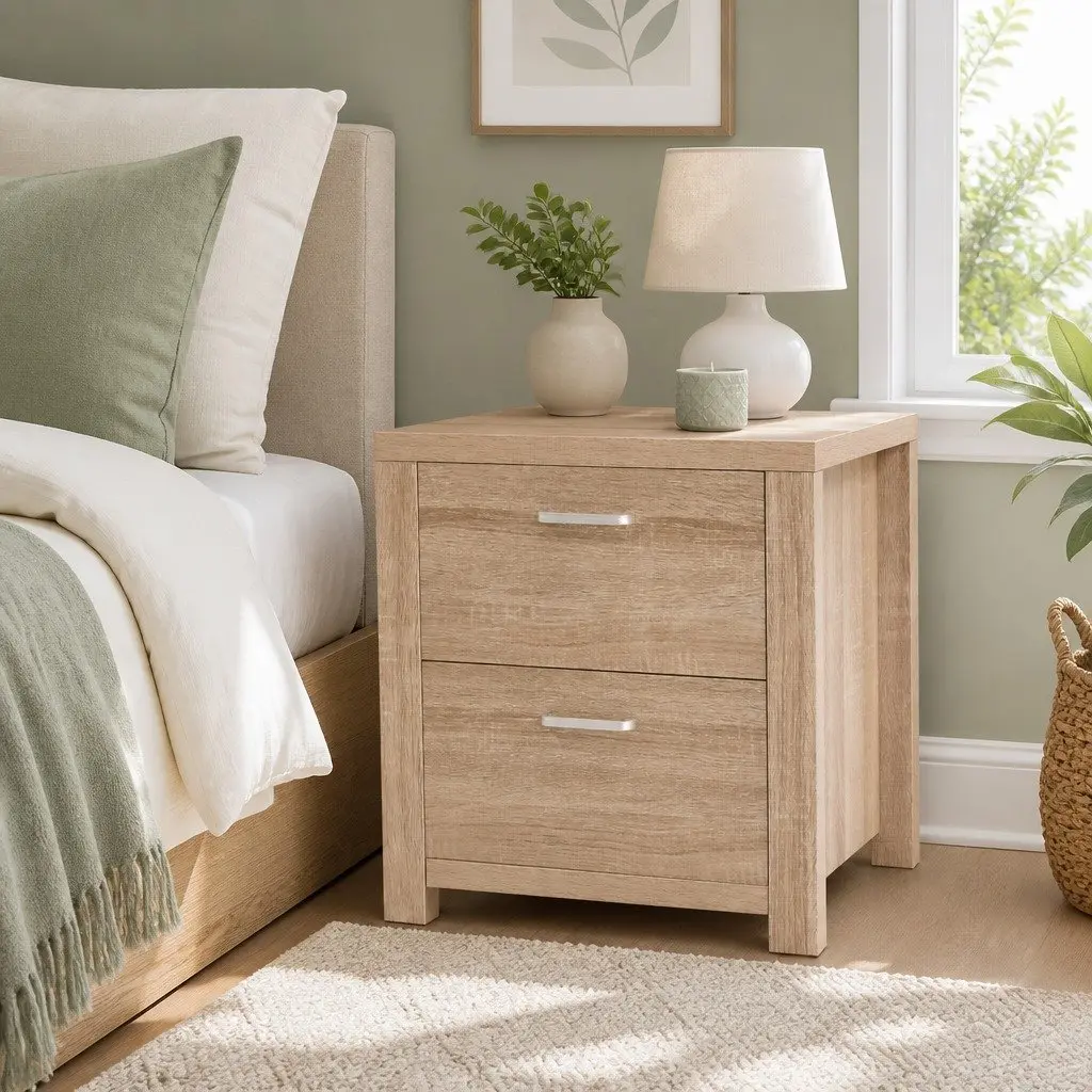 Bedside Table 2 Drawers Storage Bedroom Nightstand Side Table Natural Wood