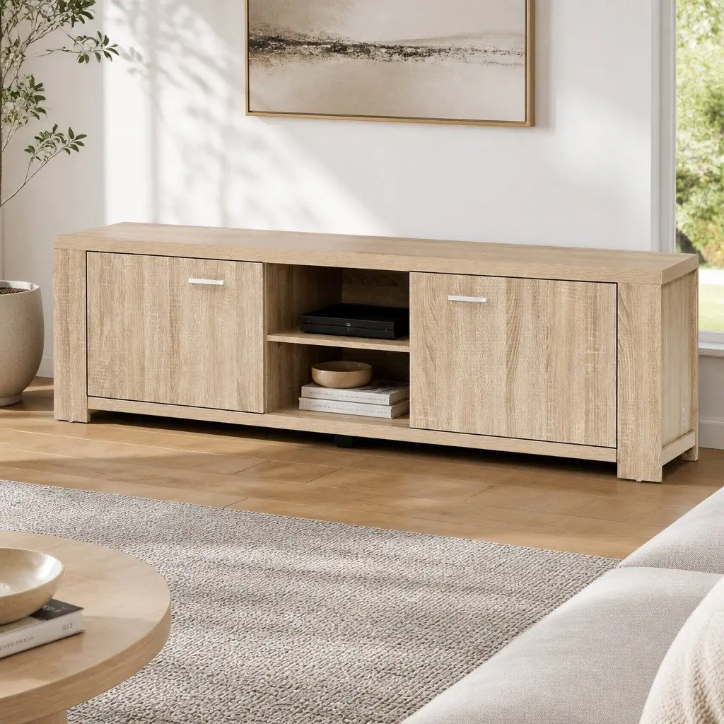 TV Entertainment Unit 160cm Oak Wood Storage Cabinet with Open Shelves