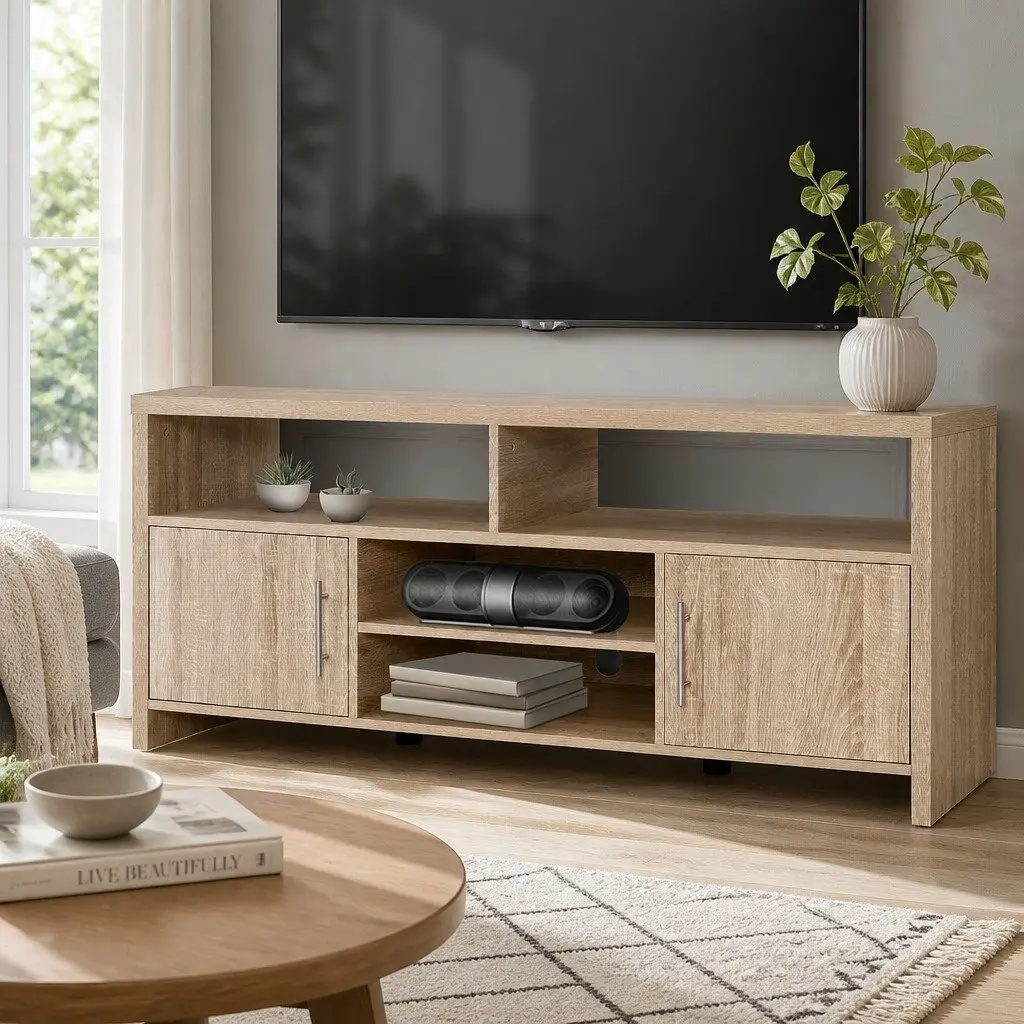 TV Cabinet 140cm Oak Modern Entertainment Unit with Open Shelves and Magnetic Door Catches