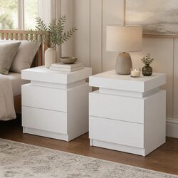 Bedside Table 2 Drawers Lift-up Storage White Modern Design Bedroom Side Table