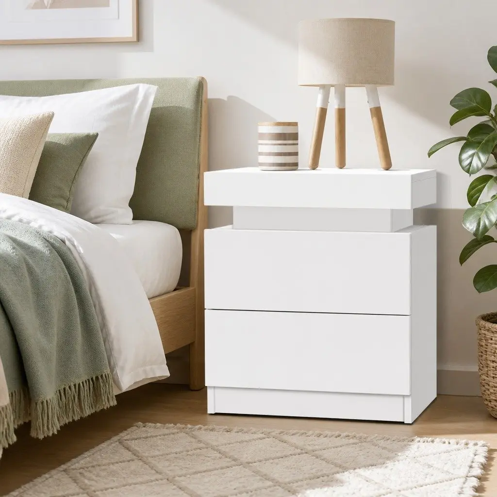 Bedside Table 45cm with 2 Drawers Lift-up Storage Compartment White Furniture
