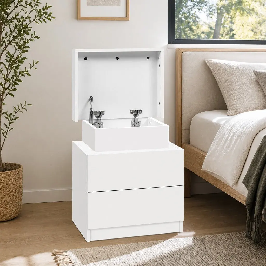 Bedside Table 45cm with 2 Drawers Lift-up Storage Compartment White Furniture