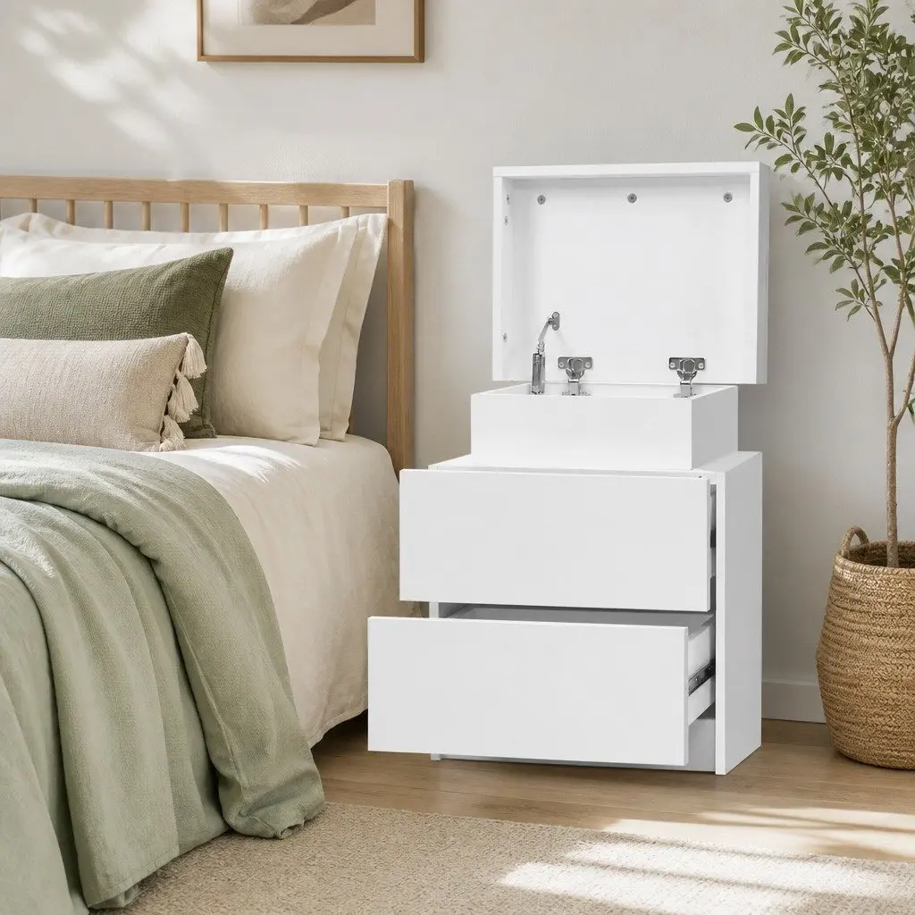 Bedside Table 45cm with 2 Drawers Lift-up Storage Compartment White Furniture