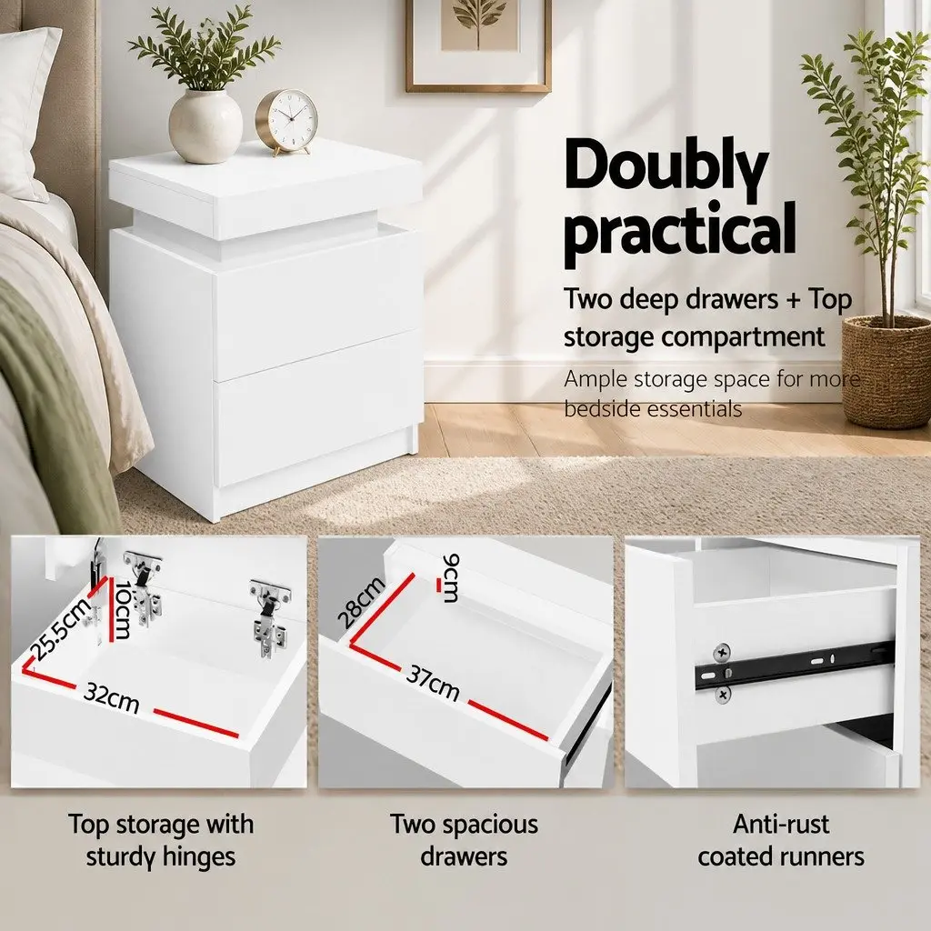 Bedside Table 45cm with 2 Drawers Lift-up Storage Compartment White Furniture