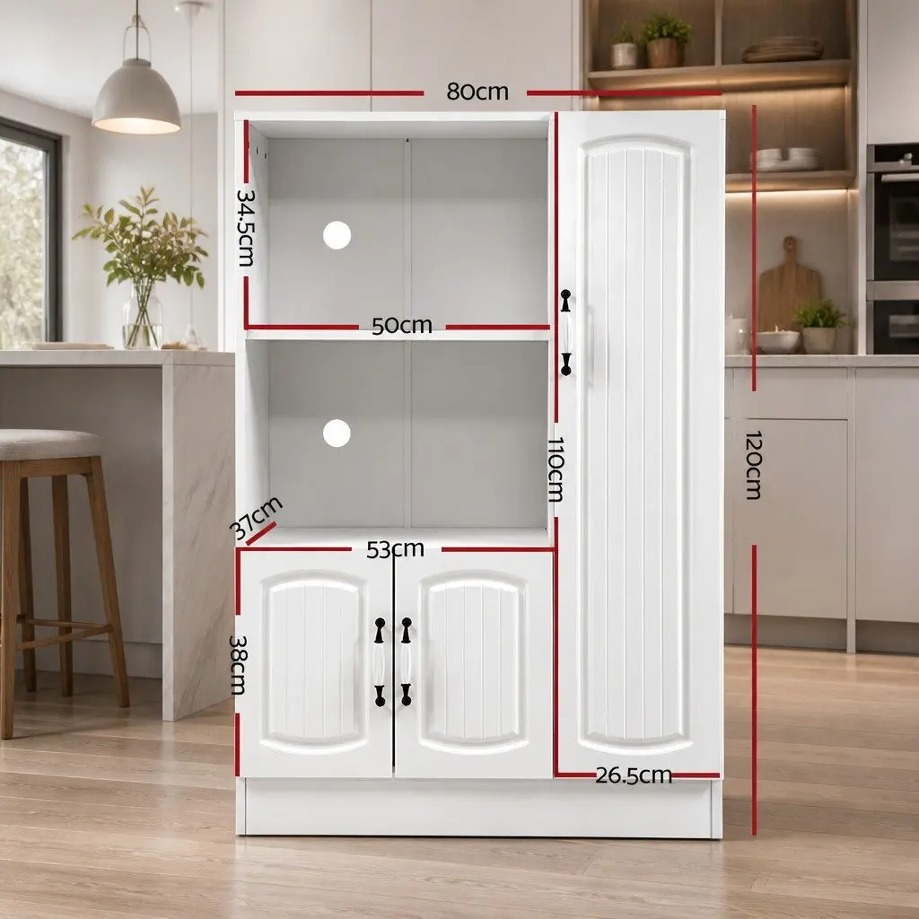 Buffet Sideboard Cabinet White 2 Open Shelves 2 Closed Cupboards Moulded Doors Porcelain Handles Anti Scratch Feet