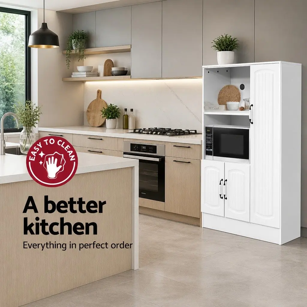 Buffet Sideboard Cabinet White 2 Open Shelves 2 Closed Cupboards Moulded Doors Porcelain Handles Anti Scratch Feet