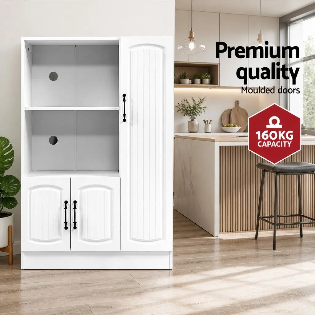 Buffet Sideboard Cabinet White 2 Open Shelves 2 Closed Cupboards Moulded Doors Porcelain Handles Anti Scratch Feet