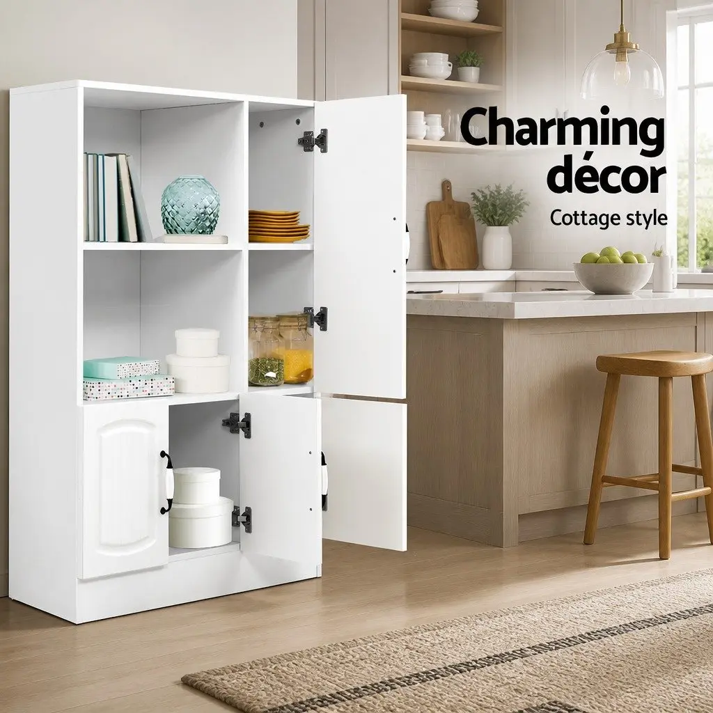 Buffet Sideboard Cabinet White 2 Open Shelves 2 Closed Cupboards Moulded Doors Porcelain Handles Anti Scratch Feet