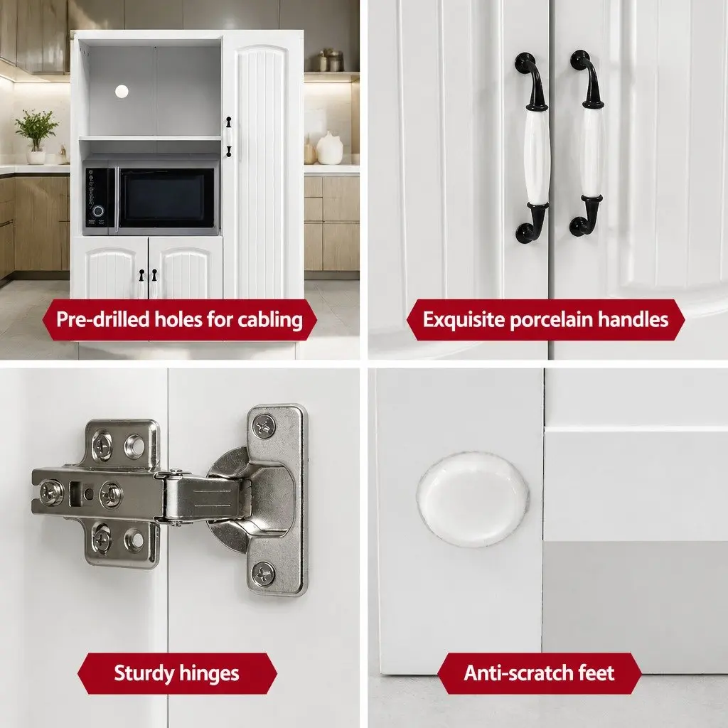 Buffet Sideboard Cabinet White 2 Open Shelves 2 Closed Cupboards Moulded Doors Porcelain Handles Anti Scratch Feet