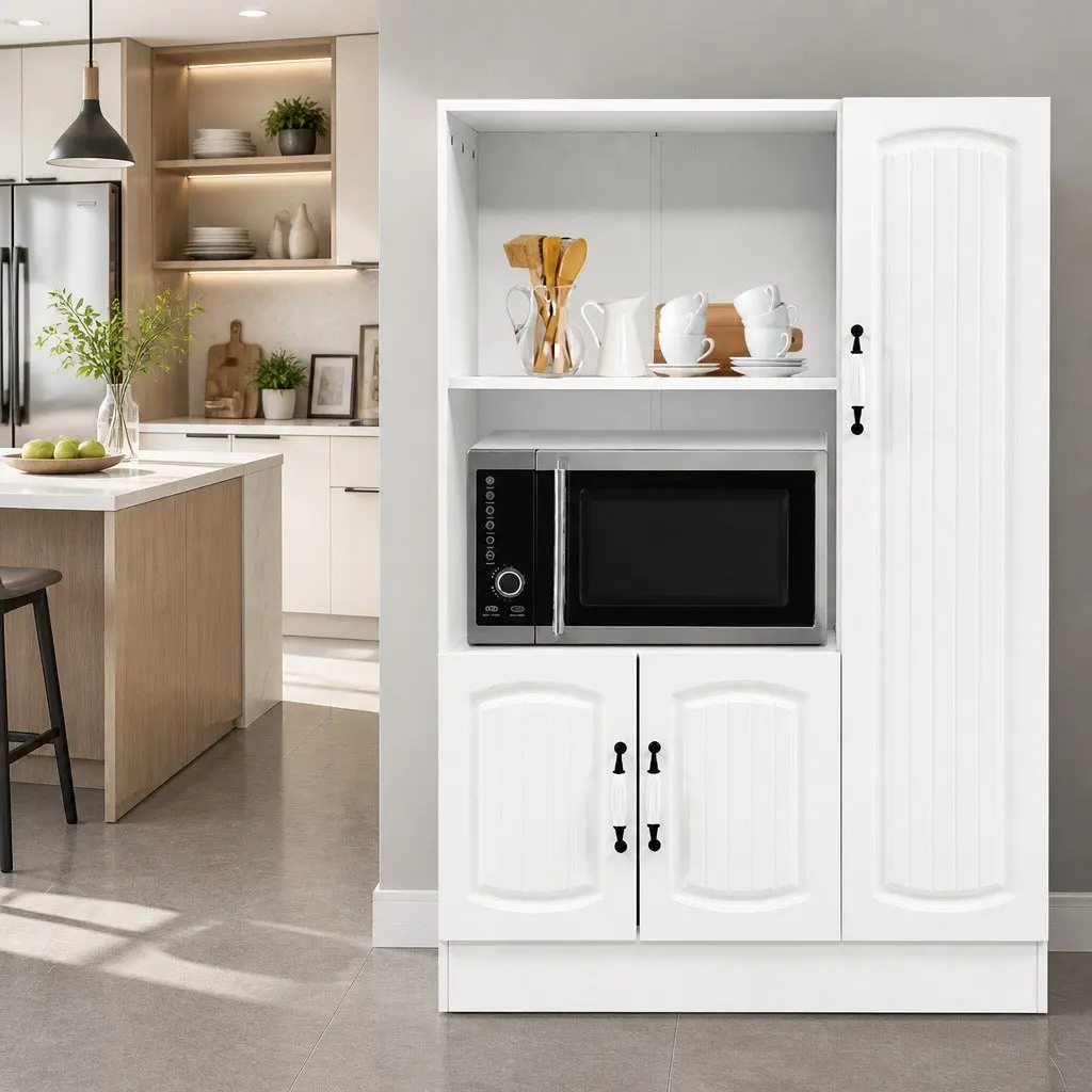 Buffet Sideboard Cabinet White 2 Open Shelves 2 Closed Cupboards Moulded Doors Porcelain Handles Anti Scratch Feet