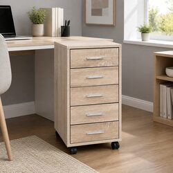 Mobile Filing Cabinet 5 Drawer Home Office Storage Organiser Beige Wood Tone