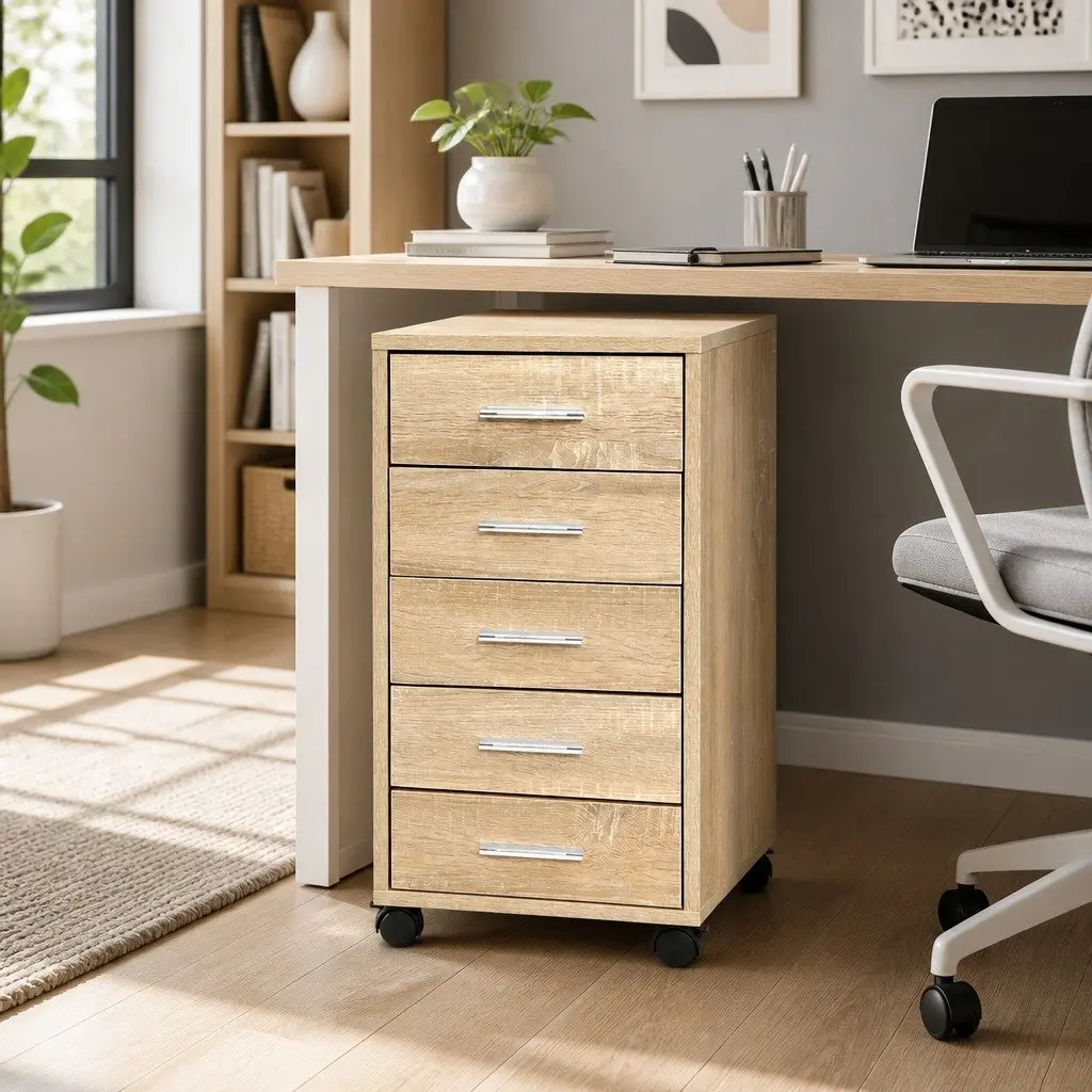 Filing Cabinet 5 Drawer Compact Mobile Storage Organizer Beige Wood Tone