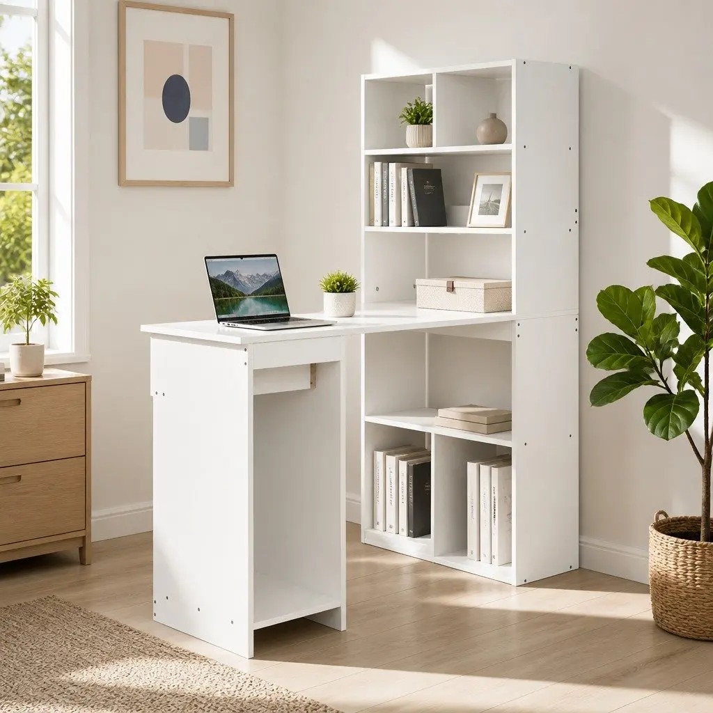 Computer Desk 120cm with 5-Tier Bookshelf Drawer Storage Workstation White