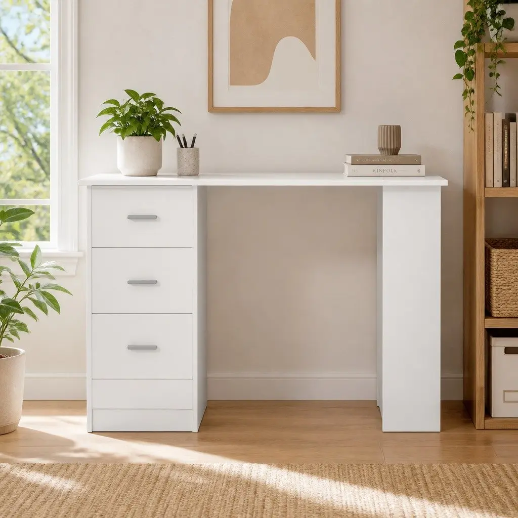 White Computer Desk 120cm with Three Drawers and Three Open Shelves for Office Workstation