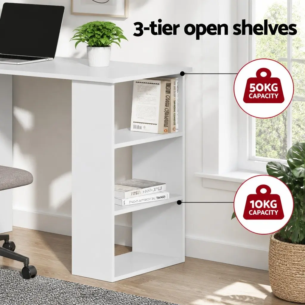 White Computer Desk 120cm with Three Drawers and Three Open Shelves for Office Workstation