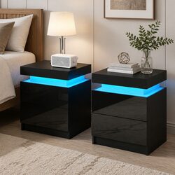 Bedside Table with LED Lighting 2 Drawers Lift-up Storage Black Modern Design