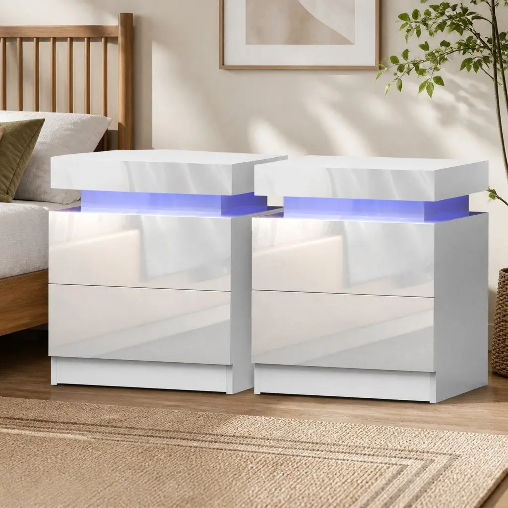 Bedside Table White LED Lift-up Storage 2 Drawers Modern Nightstand