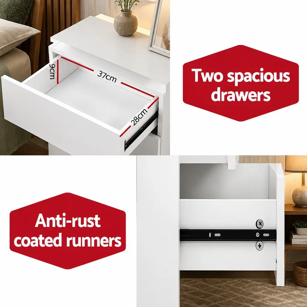 Bedside Table White LED Lift-up Storage 2 Drawers Modern Nightstand