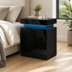 Bedside Table with LED Lighting 2 Drawers Lift-up Storage Black Modern Design