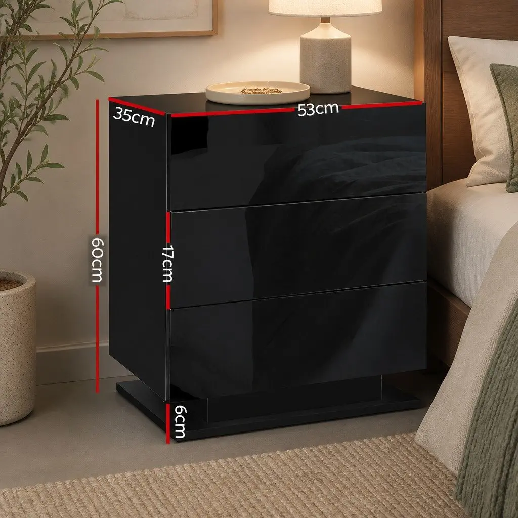Bedside Table LED 3 Drawers Modern Black Bedroom Nightstand Built-in Light