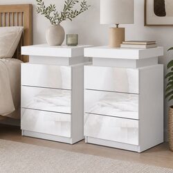 Bedside Table with LED Lighting 3 Drawers Storage White Modern Bedroom Furniture