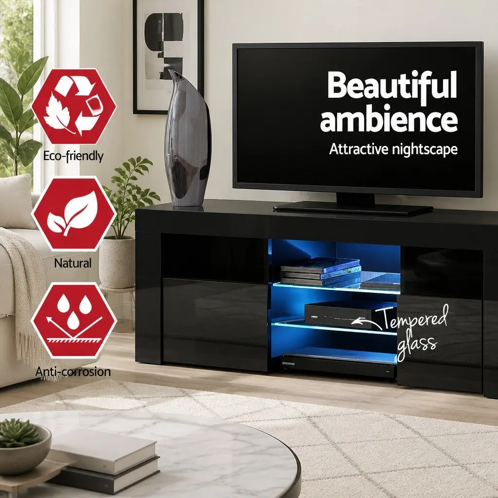 LED Entertainment Unit 160cm Black Customisable LED Lighting Open Shelves Storage Console