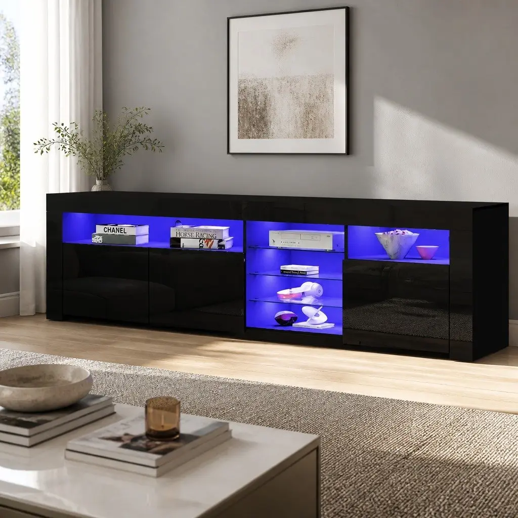 LED Entertainment Unit 180cm Black Customisable LED Lighting with Push-Open Storage