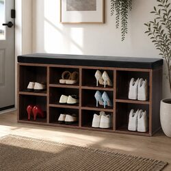 Shoe Rack Cabinet Bench with 10 Compartments Storage Organizer Walnut