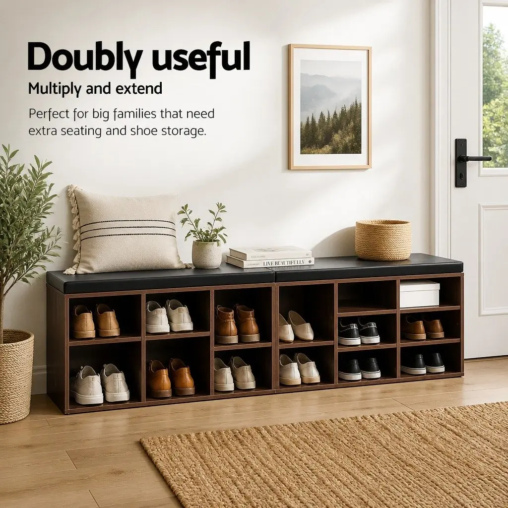 Shoe Rack Cabinet Bench 10 Compartments Cushioned Seat Walnut