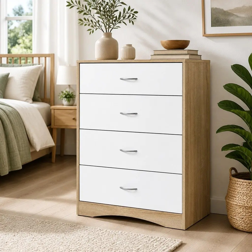 4 Drawer Storage Cabinet Bedroom Chest Tallboy Dresser White and Oak